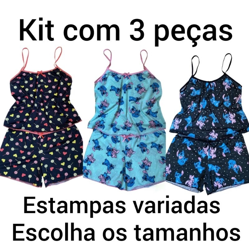 Kit 3 Conjuntos Baby Doll Adulto Feminino em poliéster estampado