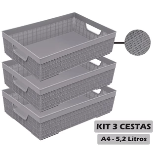 Kit 3 Cesta Organizadora A4 Multiuso 5,2l Reforçada Jaguar Banheiro Geladeira Armario Cozinha Caixa