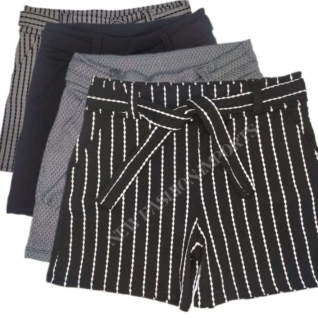 Kit 5 Shorts Crepe Feminino Bermuda Colméia c/cinto liso e listrado