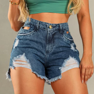 Short Feminina Jeans Sem Barra Bordado Bermuda Feminina
