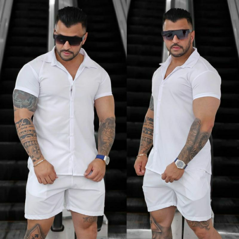 Conjunto Praia Branco C Elastano Camisa e Short Masculino Tecido Tactel Ano  Novo - Escorrega o Preço