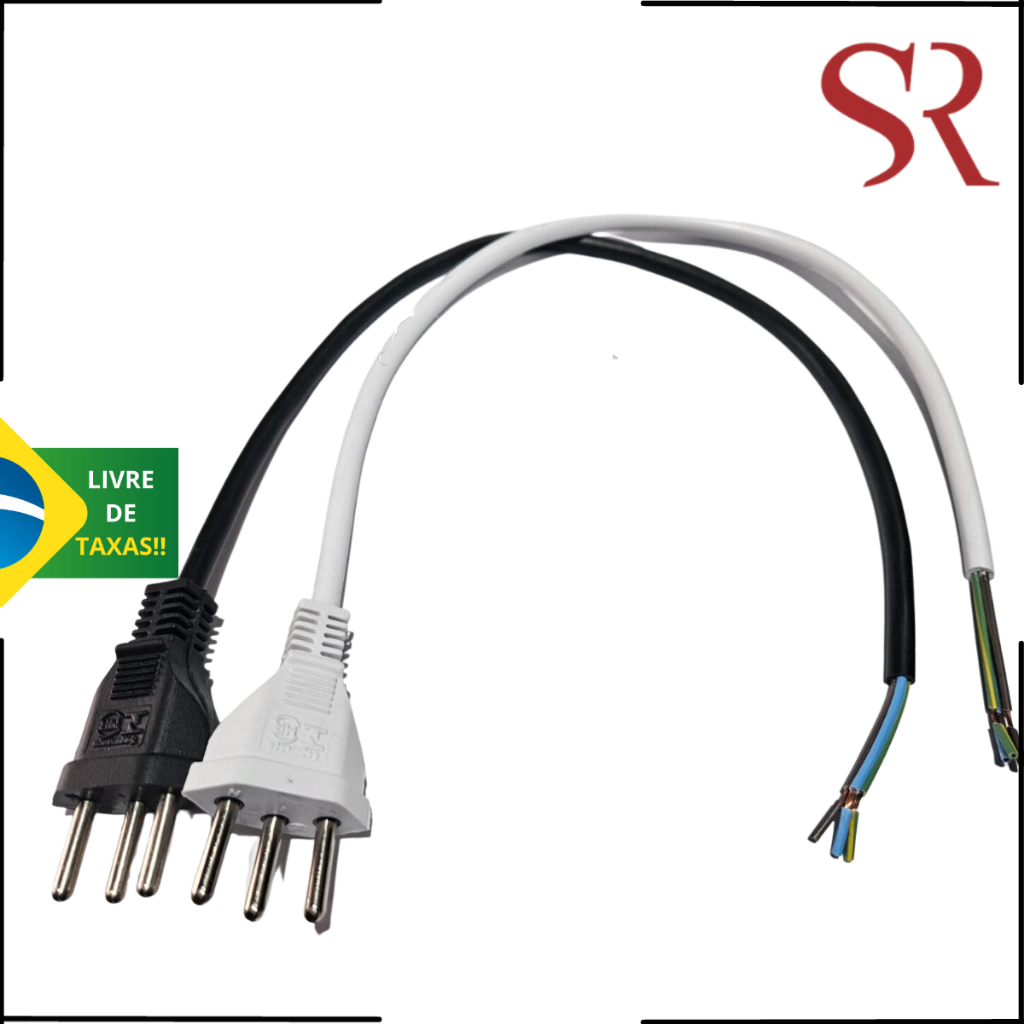 Plug injetado 2P+T macho 3X0,75mm 10a 500v rabicho preto/branco 0,50 centimetro cabo de força tripolar