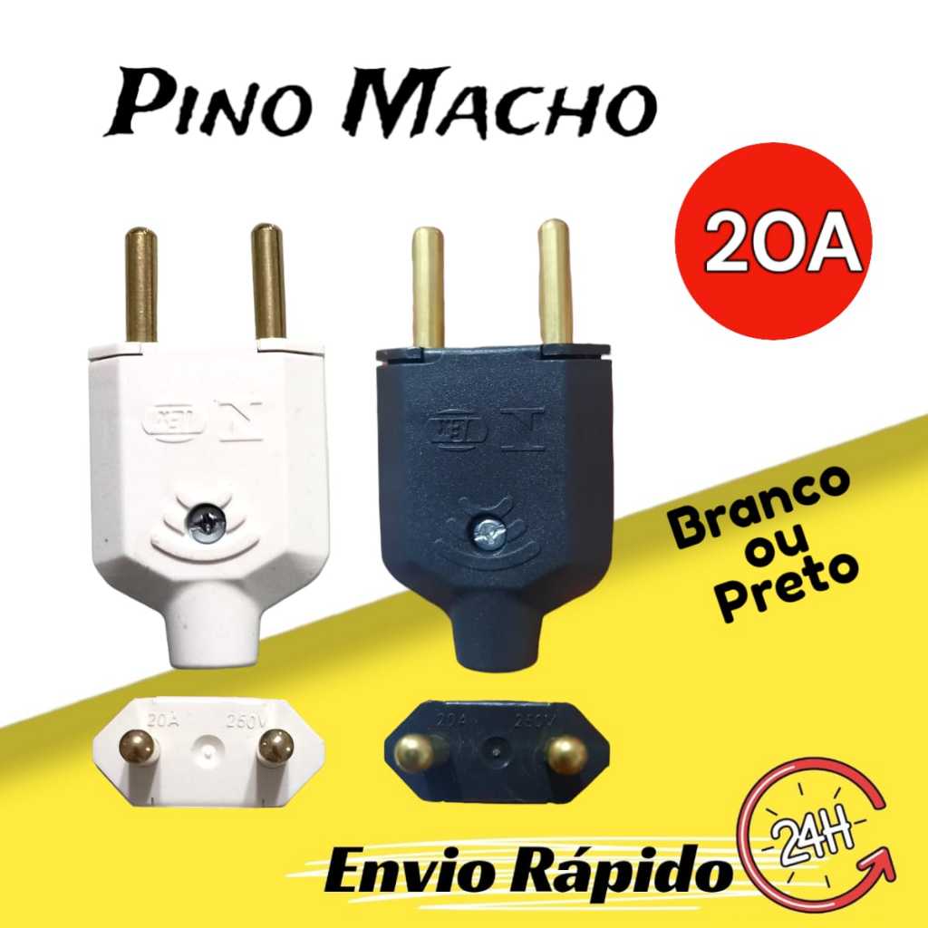 Kit 10 Plug Pino de Tomada Macho 20A Maciço 250v 2 polos