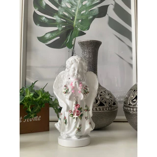 kit anjo da guarda 20 cm decoupage Flor gesso lembrancinha + mini terço azul ou rosa