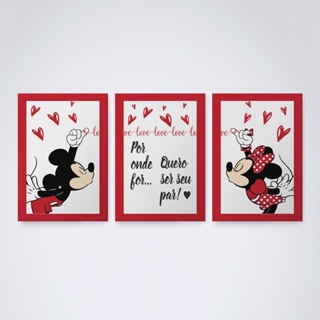 Kit 3 Placas Quadros Decorativos Para sua Casa Sala Quarto Cozinha Lar Mickey e Minnie Casal Apaixonado