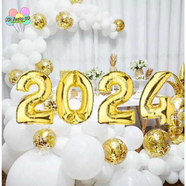 Kit 64 Balão Bexiga Ano Novo Número 2024 Ouro + Branco N6.5 + Cristal N9 Com Confete Dourado Decoração