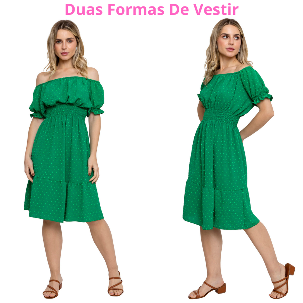 Vestido Curto Feminino Duna Pipoca Manga Curta Babado Vestidos Midi Festa Pipoquinha Ombro a Ombro Moda Evangélica Ciganinha Elástico Na Cintura