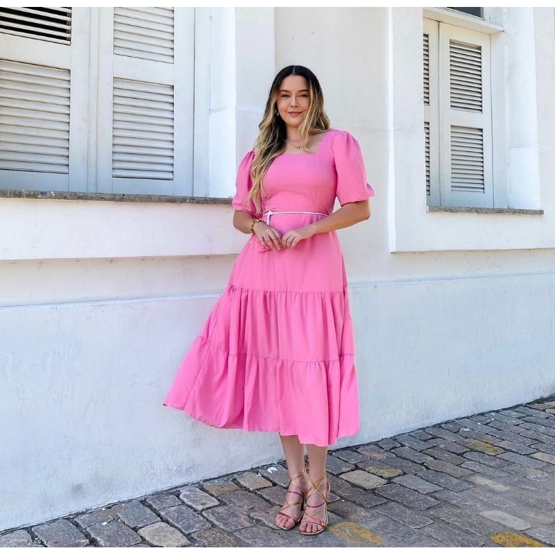 Vestido Midi Xadrez Rosa Claro com Decote e Mangas Bufantes - Alice