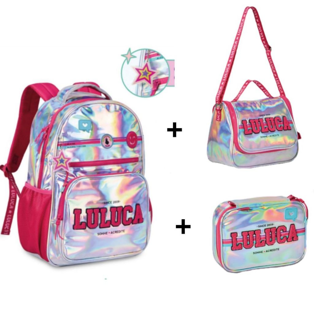 Kit escolar Luluca estojo lancheira e mochila de costas 2023