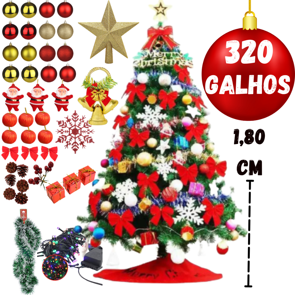 Árvore Natal Pinheiro Premium 180 cm 1,80 m 320 GALHOS Enfeitada Decorada Luxo Kit Completa Enfeites Papai Noel Natalino