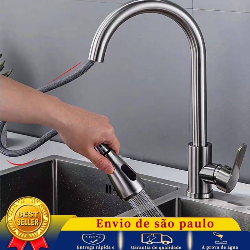 Torneira Gourmet Cozinha Com Extensor Flexível Misturador Monocomando Pull Down Ducha Spray Arejador Articulado 304 Inox Fosco Luxo-Entrega imediata