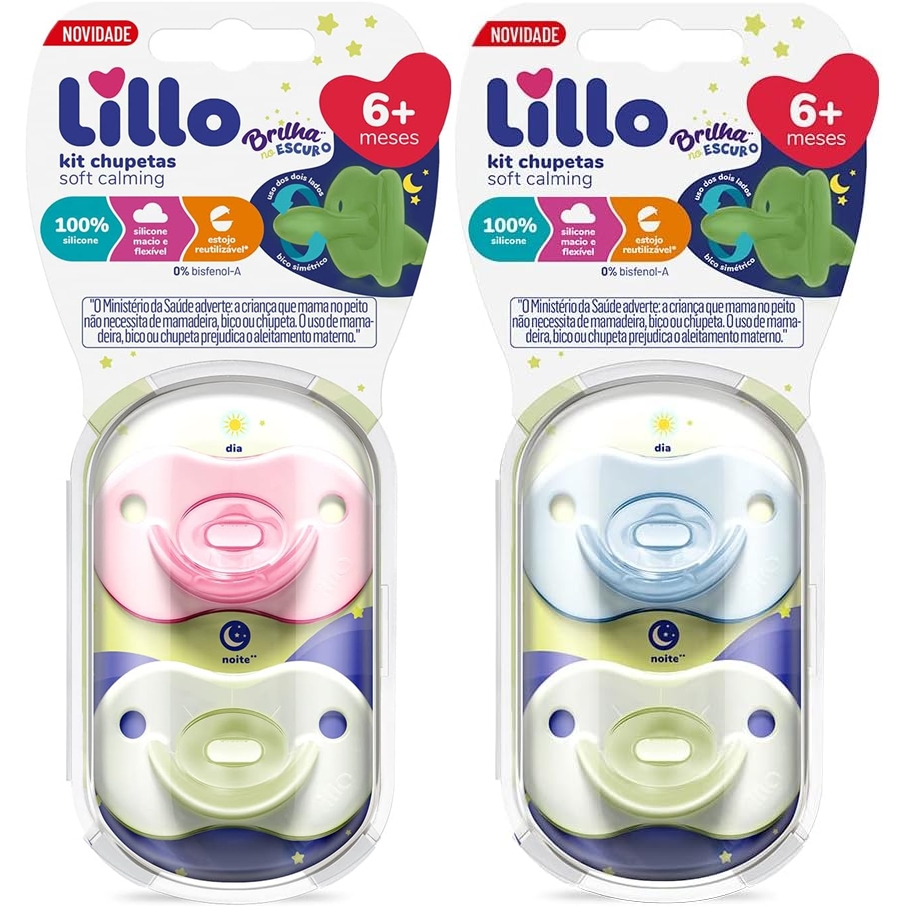 Kit 2 Chupetas Lillo 100% Silicone Calming Soft Night 6 a 18 Meses ...