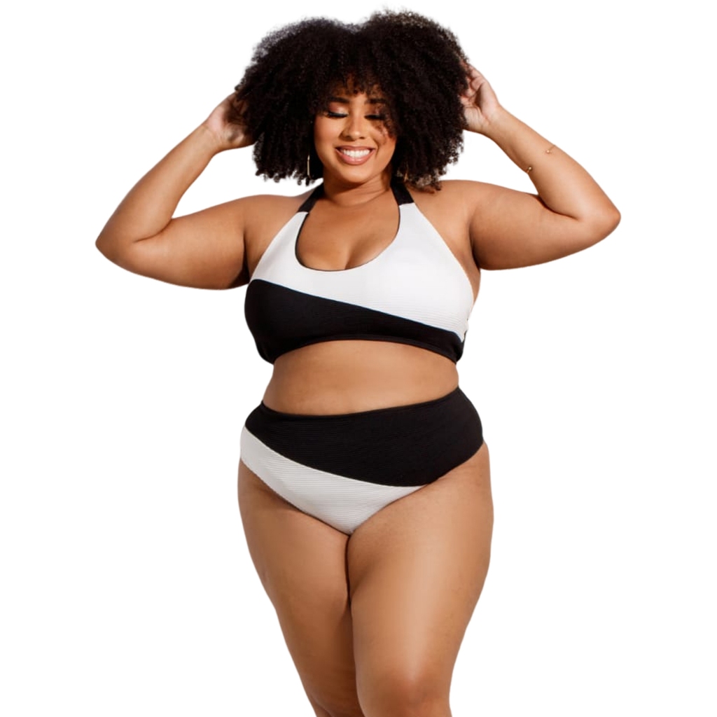 Biquini Plus Size Cintura Alta Anarruga Hot Pants Biquíni Feminino Listrado Básico Top Forrado Bojo