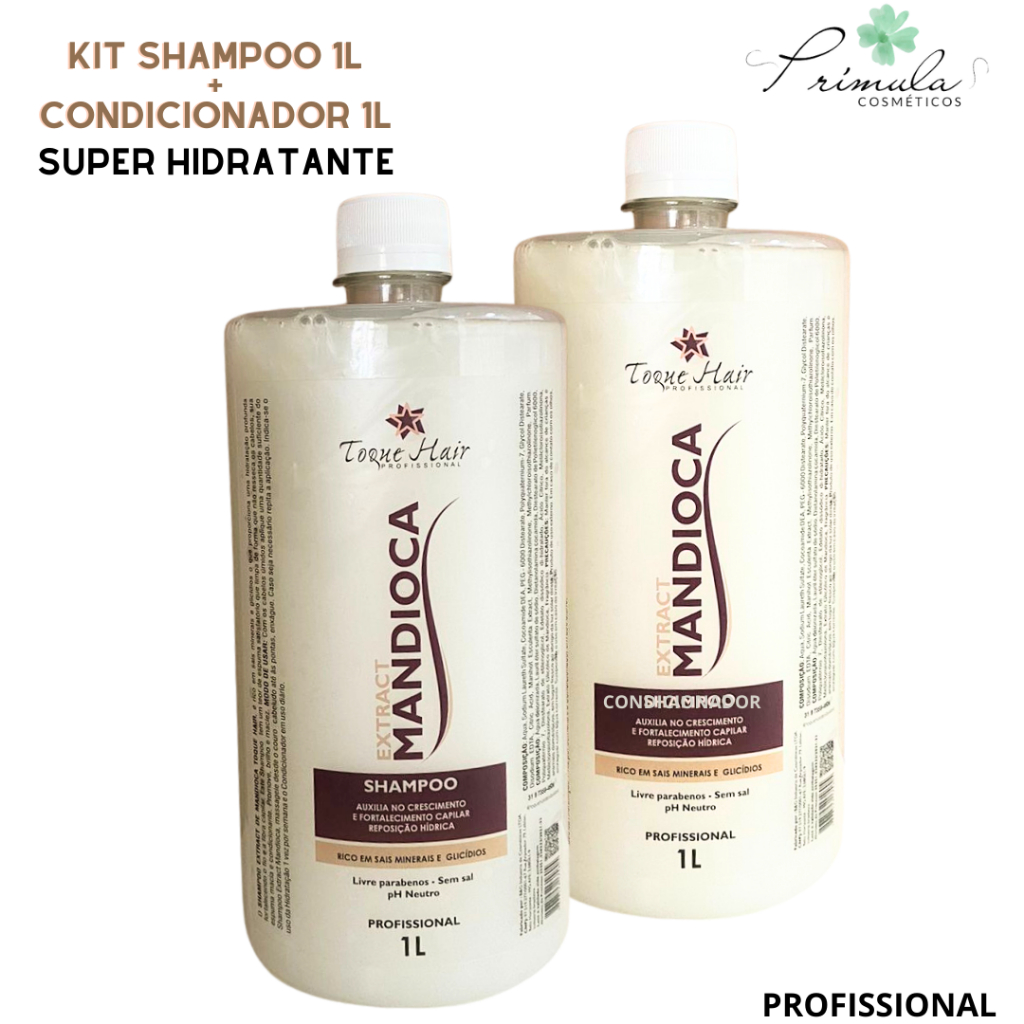Kit Mandioca Shampoo 1 litro + Condicionador 1 litro Profissional Auxilia no Crescimento Ph Neutro Sem sal Brilho intenso