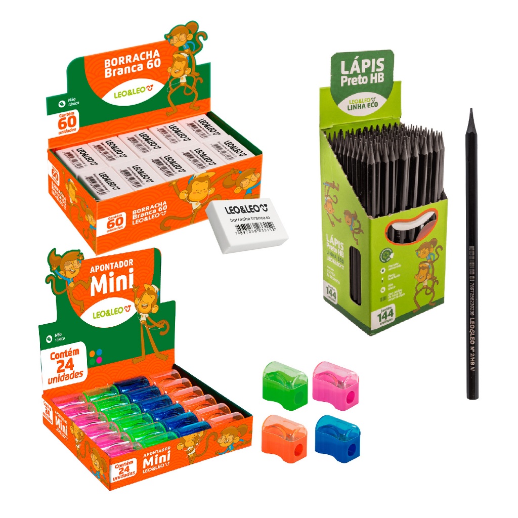 Caixa Com 144 Lápis de Escrever + Caixa 60 Borrachas + Caixa Com 24 Apontador Mini Leo&Leo
