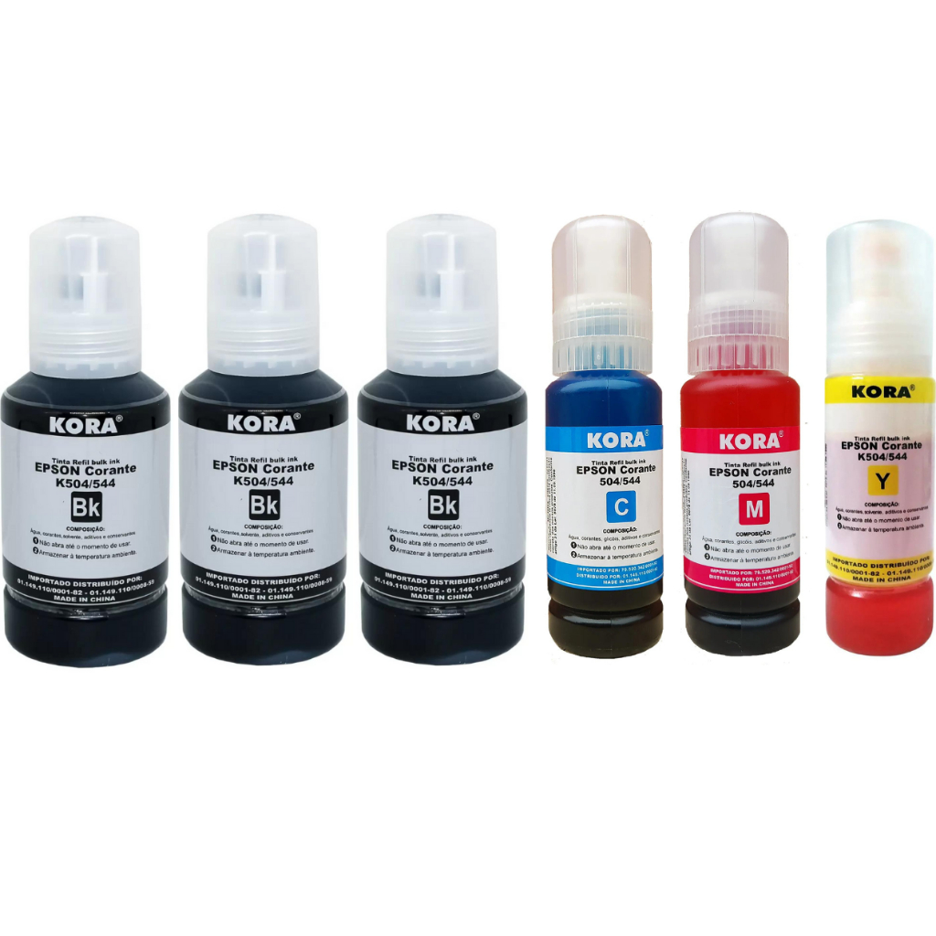 Kit 6 Refil Tinta Kora 504 544 Compatível Impressora Epson Ecotank Bulk ...