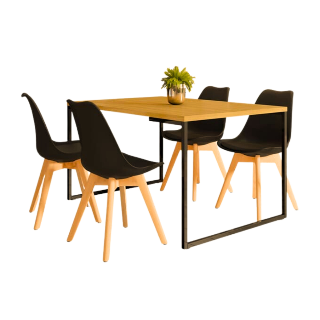 Mesa De Jantar Quadrada De Ferro Com Tampo De Madeira Pinus p/ 4 Cadeiras