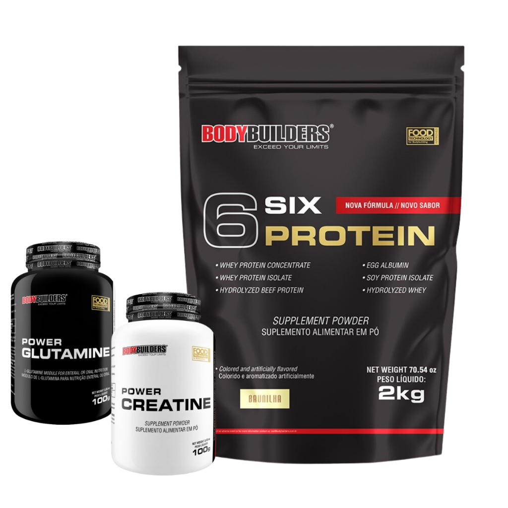 Kit Whey Protein 6 Six Protein 2Kg, Power Creatina 100g, Power Glutamina 100g – Bodybuilders