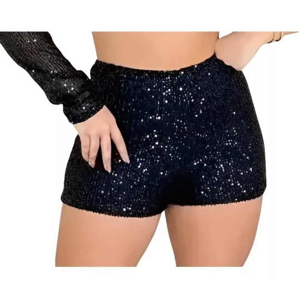 Short Feminino Paetê com Zíper Moda Blogueira Balada Luxo Brilho Festa Elegante