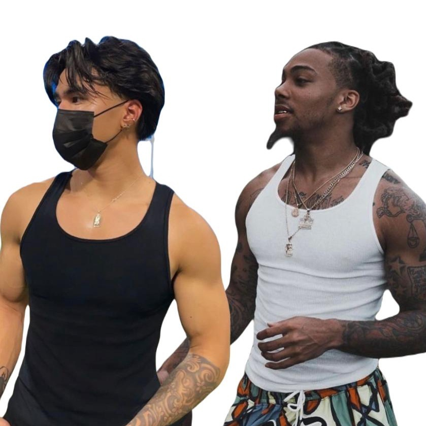 Regata Masculina Branca Preta Cinza Justa Canelada Estilo Americana Academia Trapper