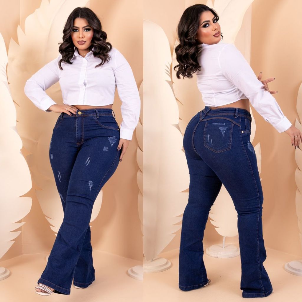 calça jeans flare plus size feminina cintura intermediária com lycra empina bumbum qualidade premium