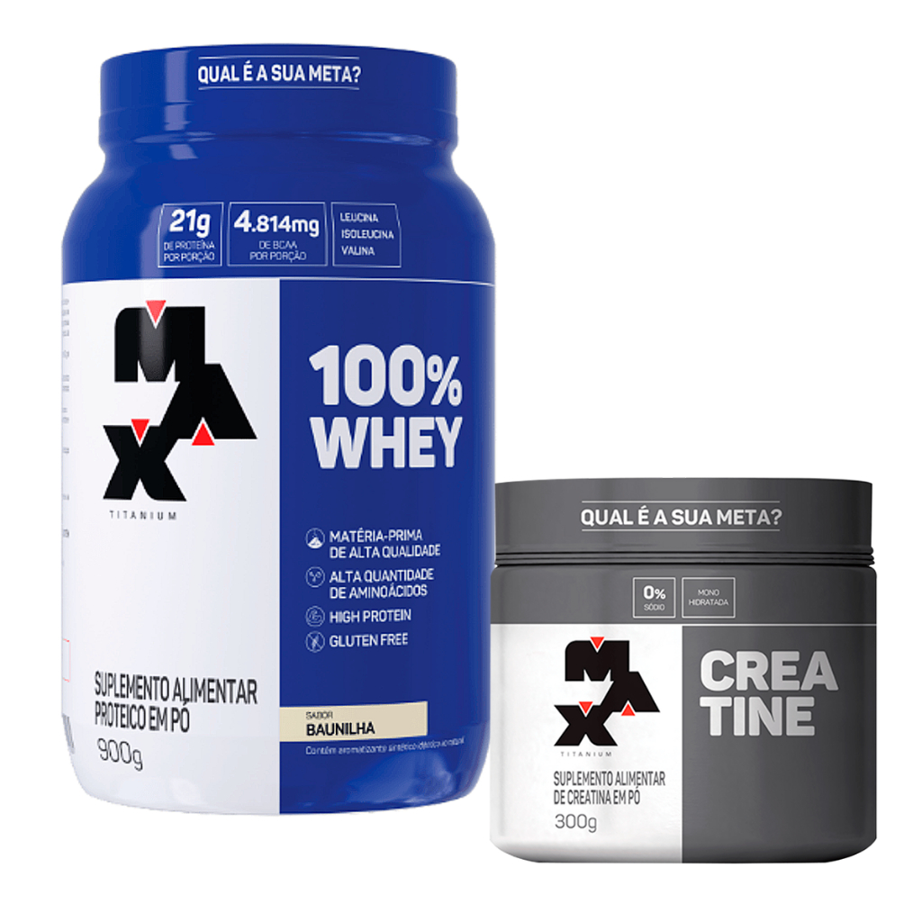 100% Whey Protein Concentrado Pote 900g Max Titanium + Creatina Pura Monidratada 300g – WPC – 21g de Proteína por porção