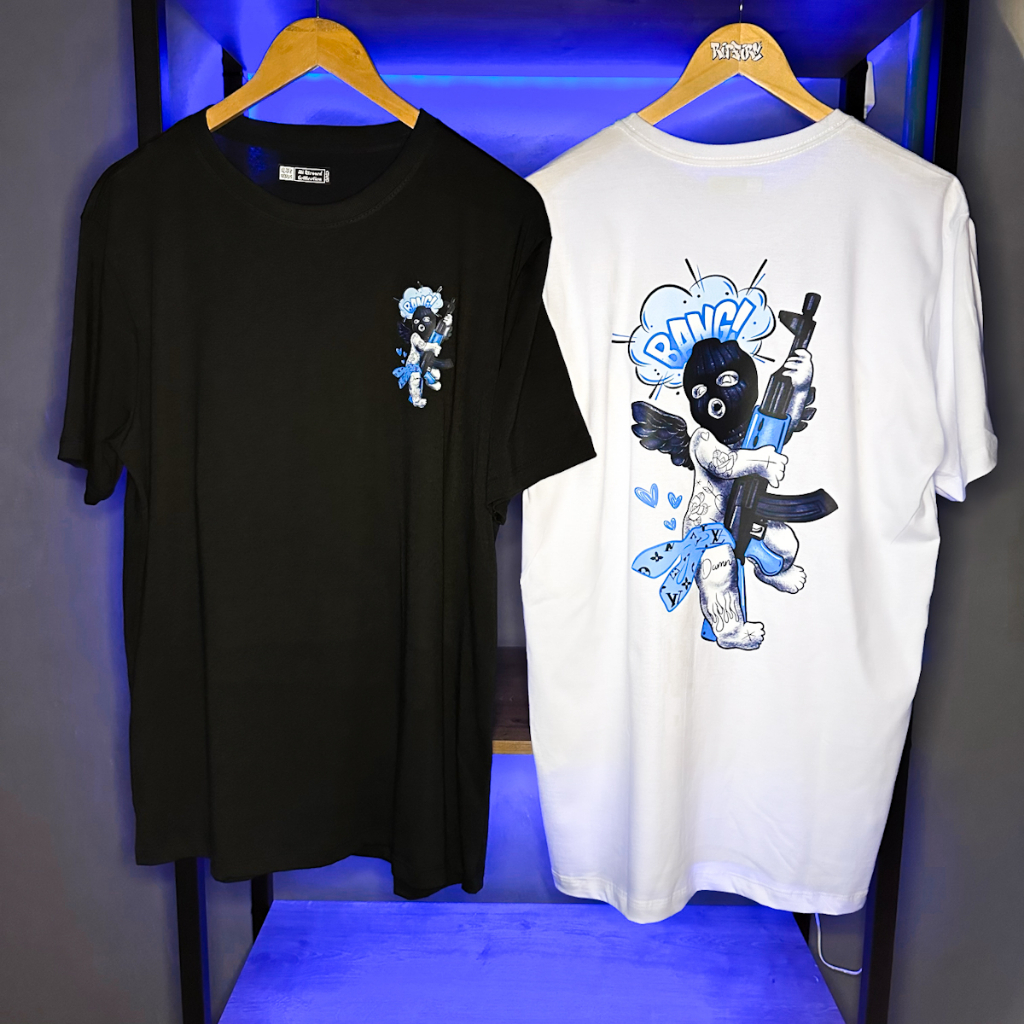 Camisa Streetwear Angel Ak-47 Thug Life 100% Algodão Frente e Costas Azul Novidade!