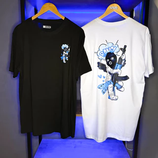 Camisa Streetwear Angel Ak-47 Thug Life 100% Algodão Frente e Costas Azul