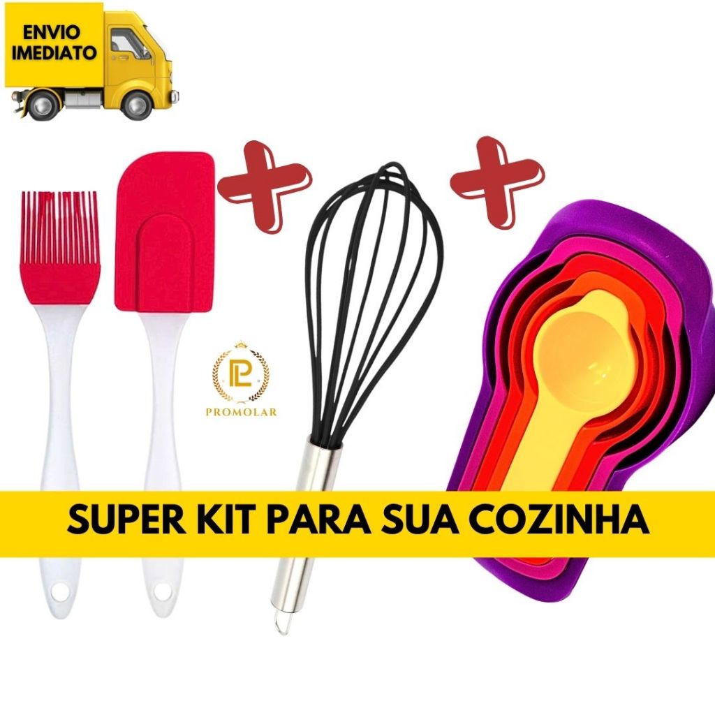 Kit Confeitaria Batedor De Ovos Fue Silicone + Espátula Pão Duro E Pincel de Silicone + Colher De Medidas 6 Peças Plástico Resistente Em Ml Dosador Para Cozinha