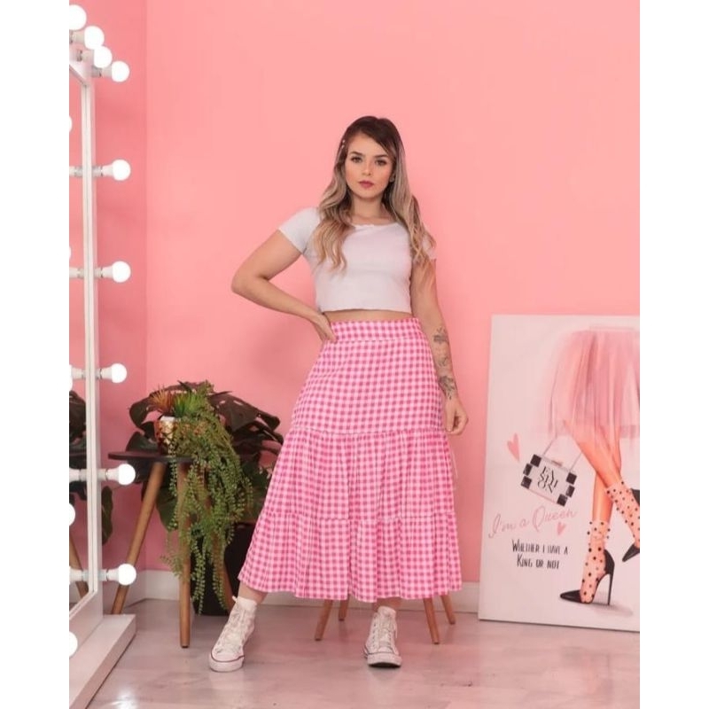 Moda Evangélica Saia Plissada Midi Xadrez Saia Três Marias Xadrez