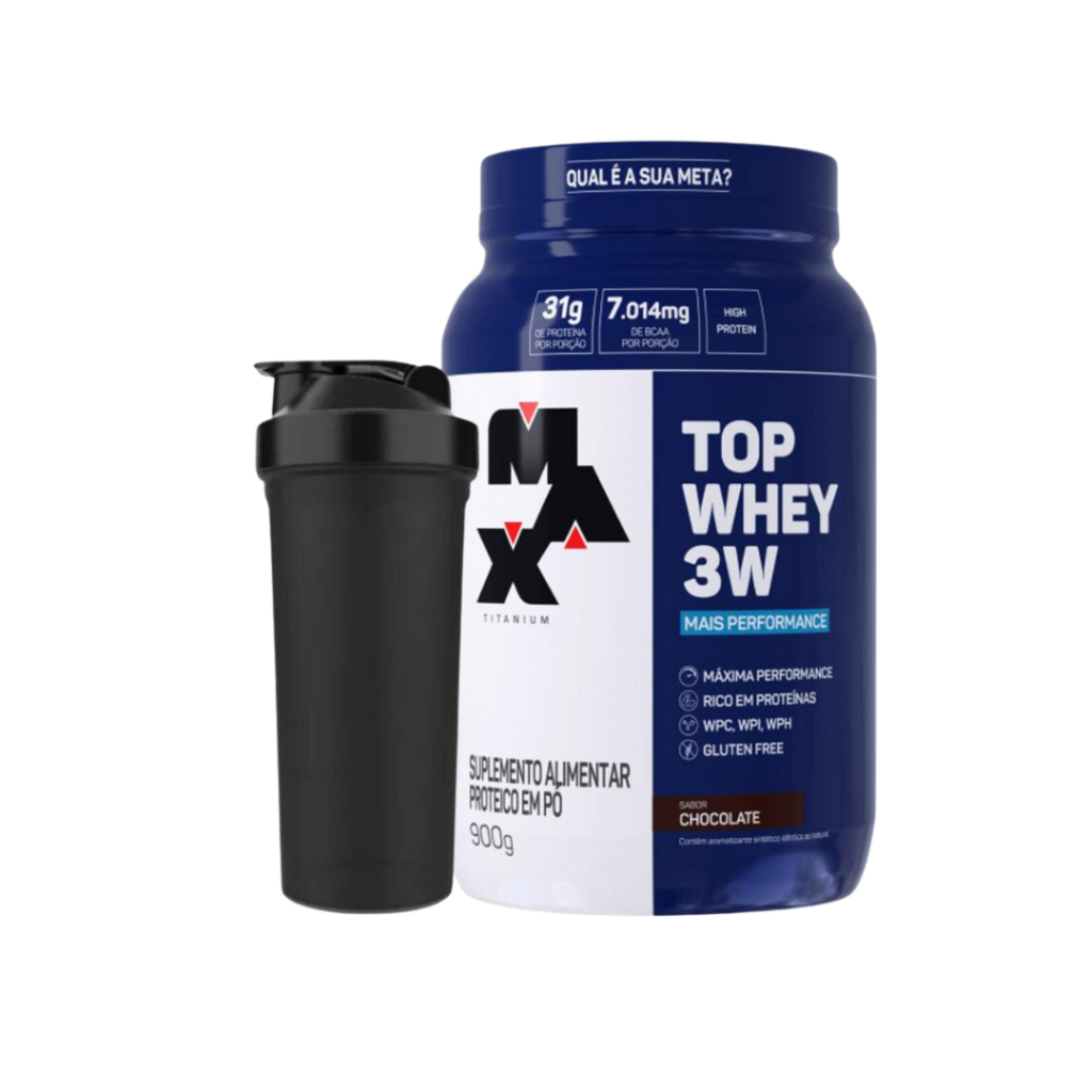 Top Whey 3w Mais Performance 900g Max Titanium + Coqueteleira