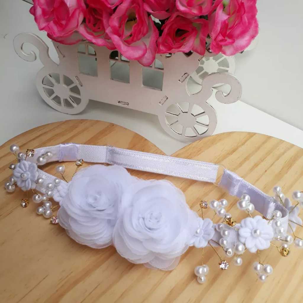 Tiara jardim encantado Faixinha Luxo para batizado Laço Branco rosa ...