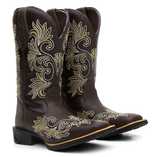 Bota Botina Texana Country Feminina Raia Em Couro Legitimo Bordado Bico quadrado Cano Longo Rodeio Solado em borracha costurado