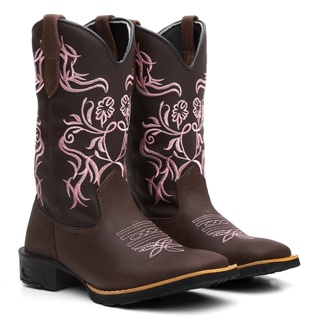 Bota Botina Texana Country Feminina Floral Em Couro Legitimo Bordado Bico quadrado Cano Longo Rodeio Solado em borracha costurado