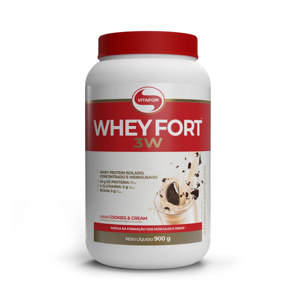 Whey Fort 3W Pote 900g Vitafor – Whey Protein 3W – 3 whey – Whey Protein Concentrado, Isolado e Hidrolisado