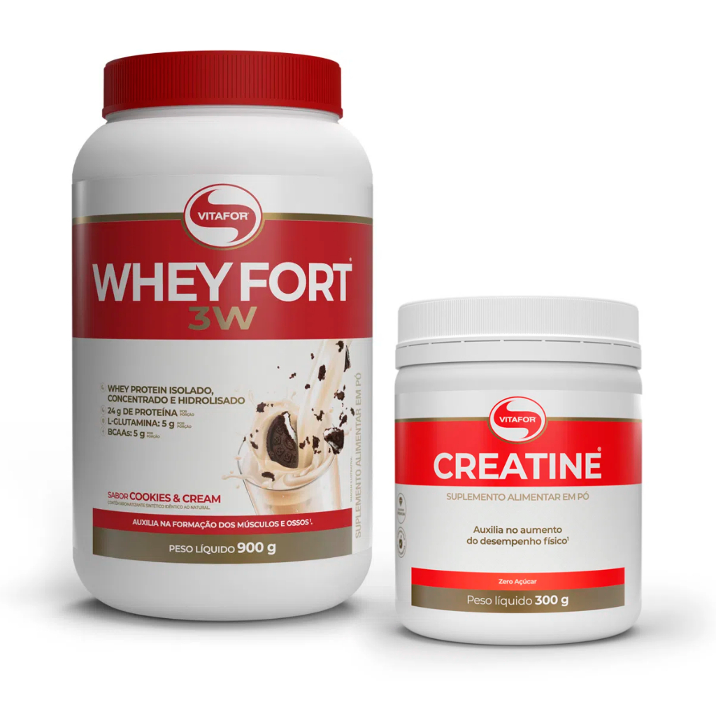 Whey Fort 3W Pote 900g Vitafor + Creatina Pura 300g Vitafor – Whey Protein 3W – 3 whey – Whey Protein Concentrado, Isolado e Hidrolisado