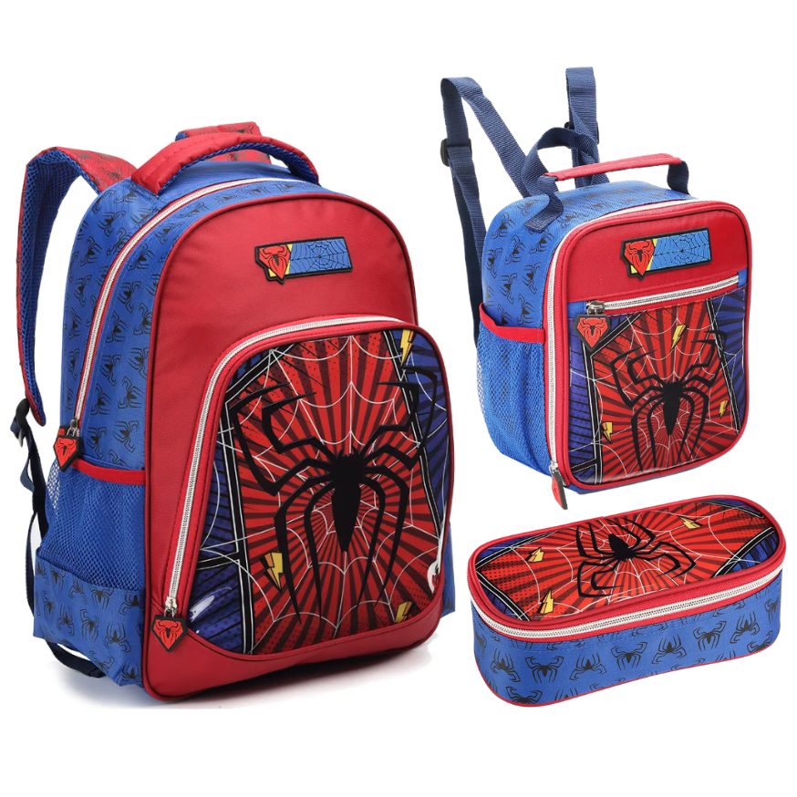 Kit Mochila Infantil Escolar Menino Spider Aranha Escolar Masculina Confortável Kit + Lancheira Térmica + Estojo – Denlex