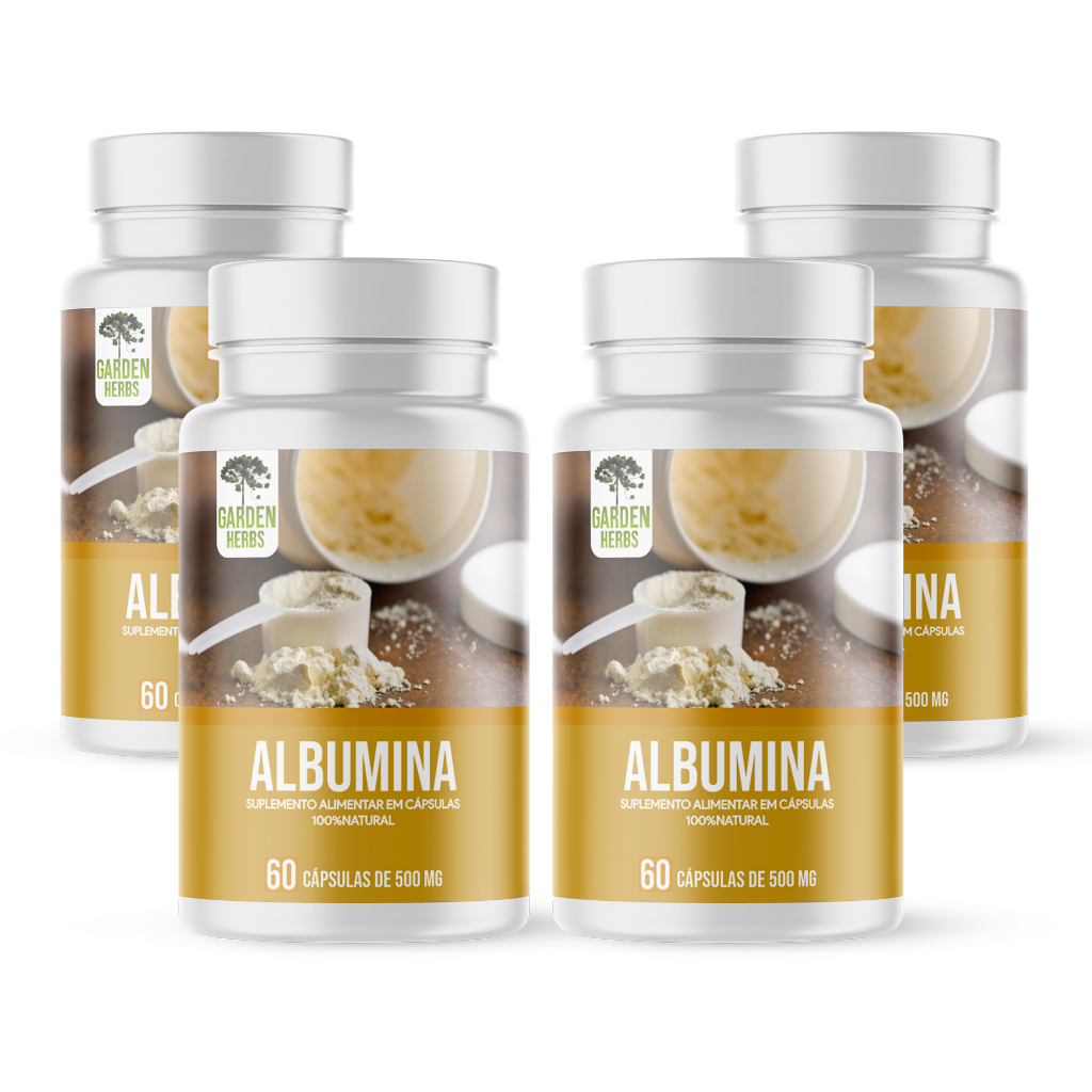 Albumina Natural rica em nutrientes e proteínas (Albus branco) Kit 4 Frascos 60 Cáps de 500 Mg Ganho E Recuperação Muscular