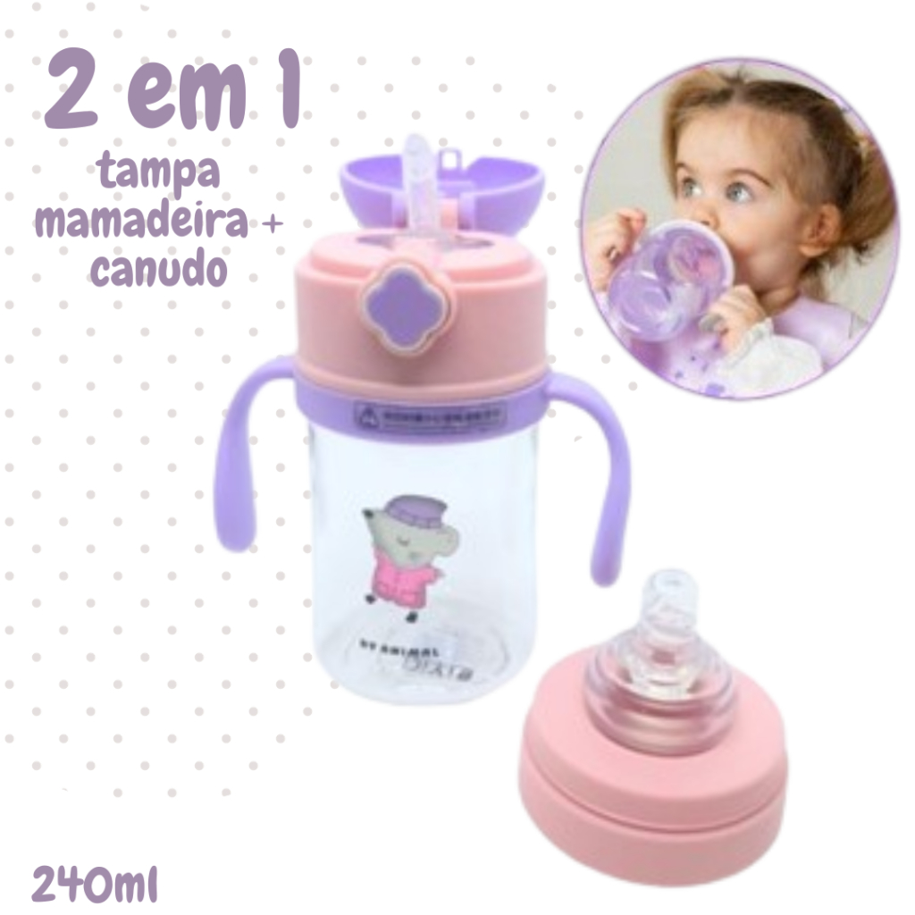 Copo Mamadeira 2 em 1 Infantil Anti Vazamento Com Canudo e Bico Para ...