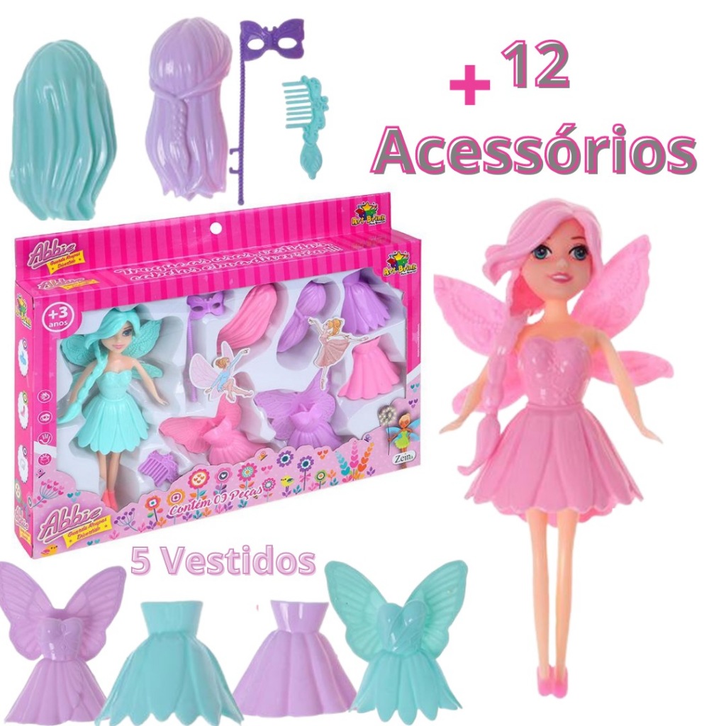 Boneca Abbie Fada Mágica Troca Roupa Asas e Cabelo