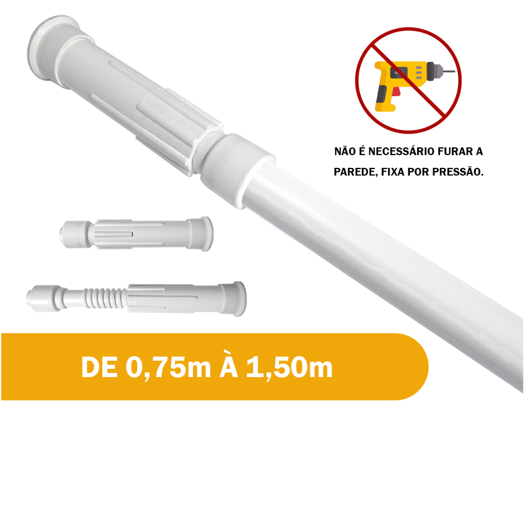 Varão Extensivo Ajustável 0,75m à 1,50m Para Cortina de Box Banheiro Tamanhos Variados Suporte Extensor Branco