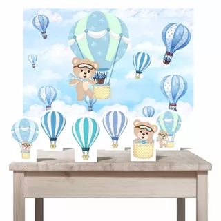 Kit decoração chá de bebê aniversário Ursinho Baloeiro com painel e displays de mesa