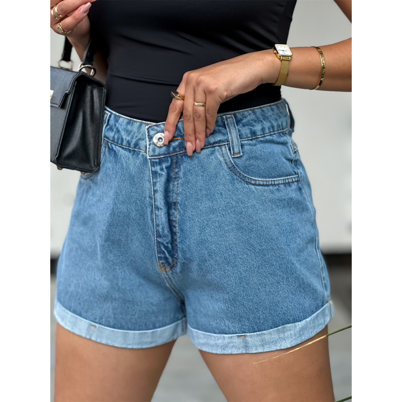 Short Jeans Feminino Shorts Cargo Com Lycra Cintura Alta Barra Mom Beg