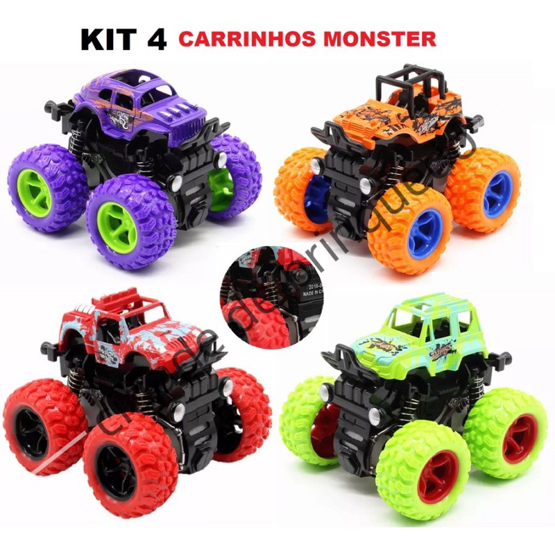 Kit 4 Miniatura Carrinho Monster Truck Pick Up Bigfoot Fricção cambalhota 360