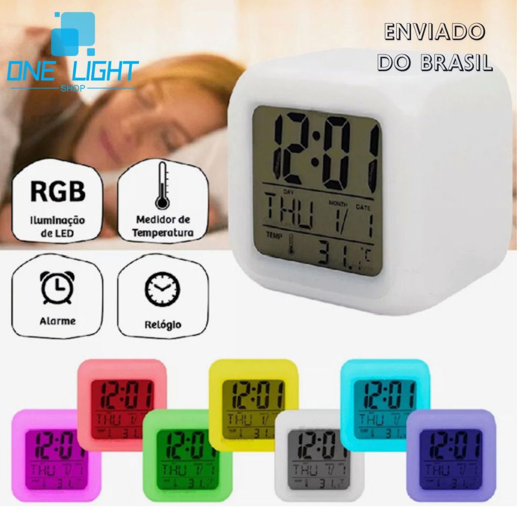 Relógio Despertador Digital Cubo Led Muda 7 Cores Colorido