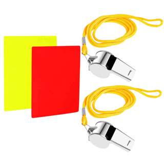 Kit Apito De Metal 2 Unidades + Cartão Juiz De Futebol Arbitro Vermelho E Amarelo Fluorescente Campo Futsal Educação Fisica Esporte Lazer