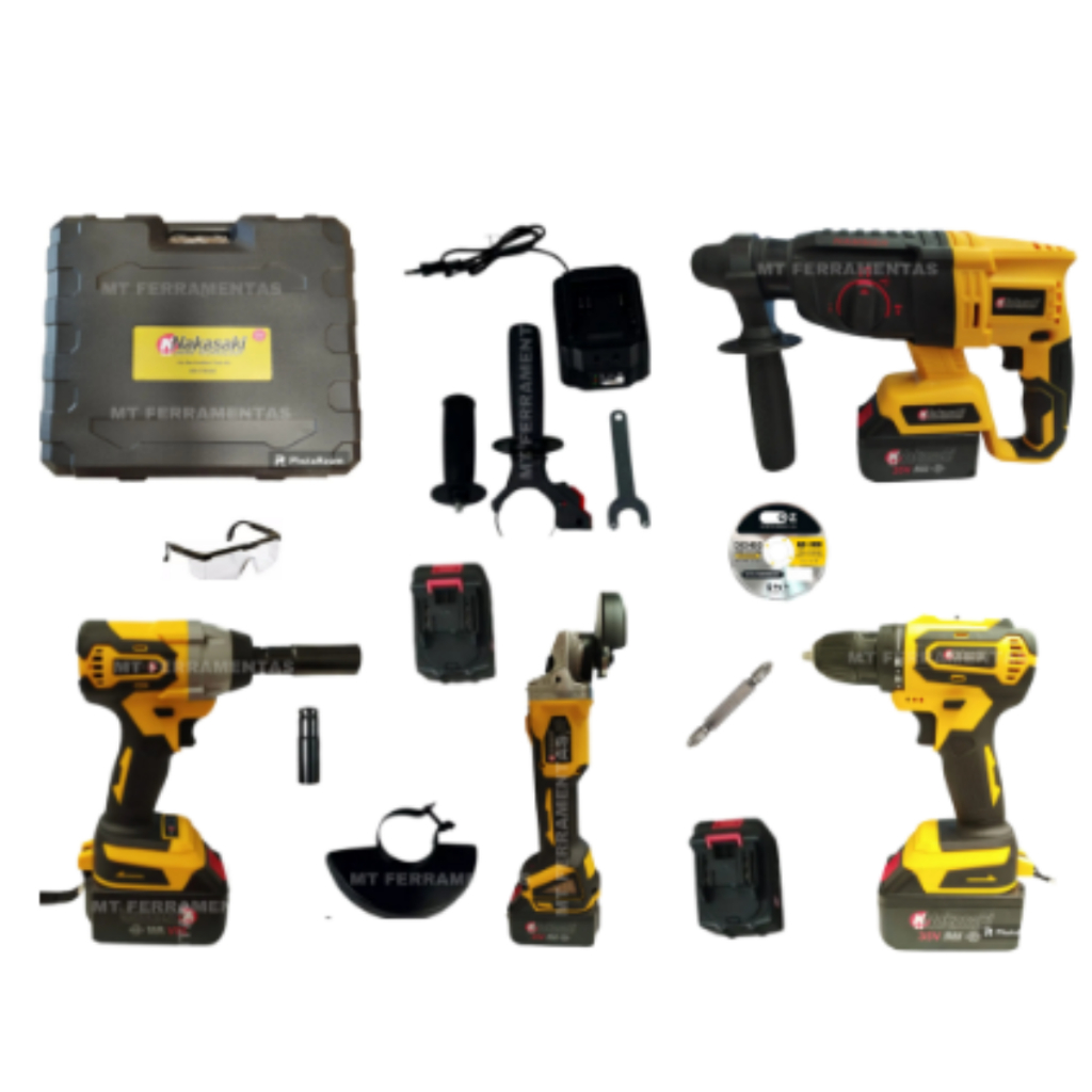 Kit Ferramentas Multifunções A Bateria Bivolt 4 Em 1 35v Brushless Martelete Rotativo Furadeira Industrial Parafusadeira Chave de Impacto Pneumatica Esmerilhadeira Com Maleta