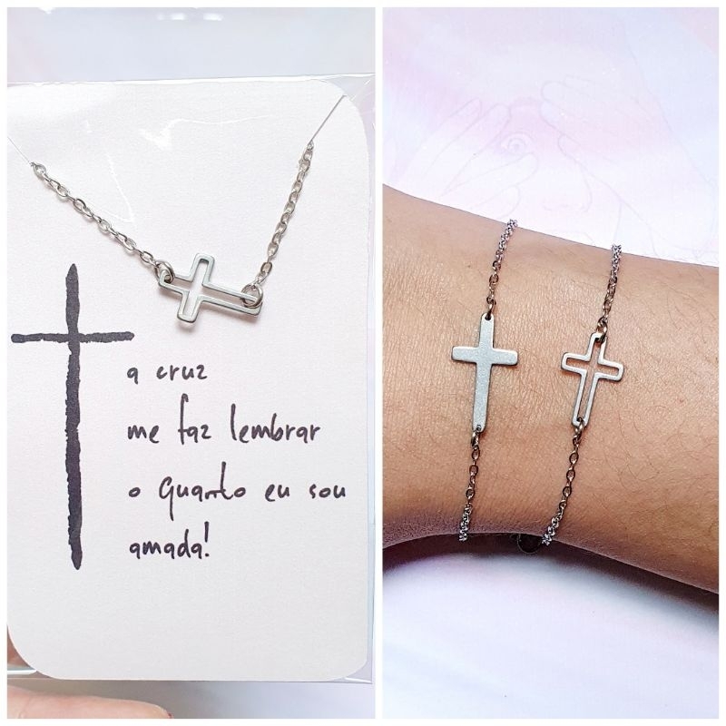 Pulseira Cruz crucifixo aço inox feminina religioso religião feminino antialérgico Jesus