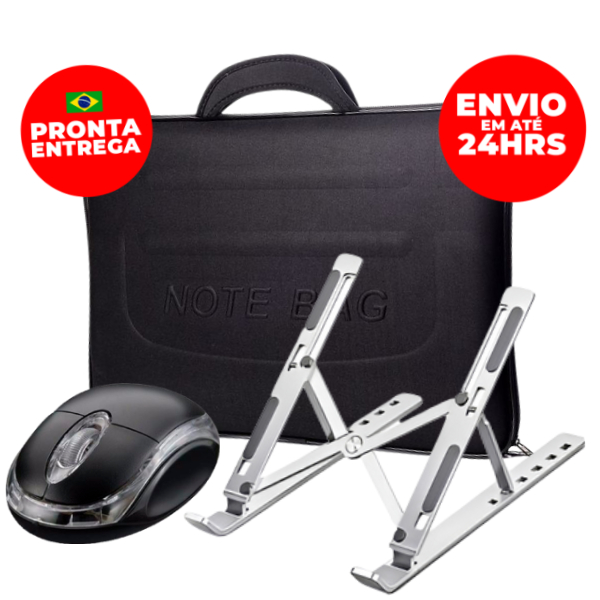 Suporte Notebook Em Alumínio + Capa Maleta Protetora Notebook + Mouse Óptico Kit