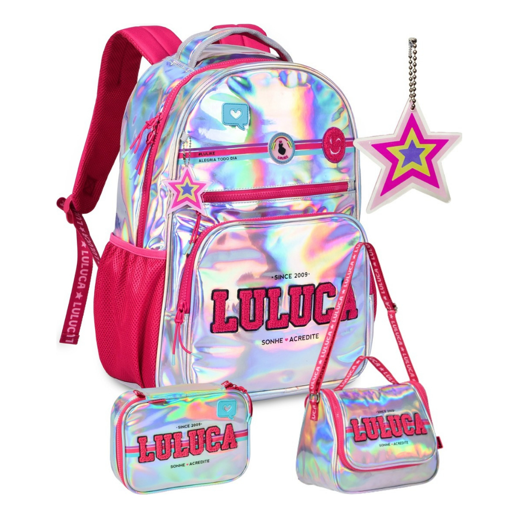 Kit Mochila Escolar Infantil Luluca Holográfica Feminina Lancheira Estojo